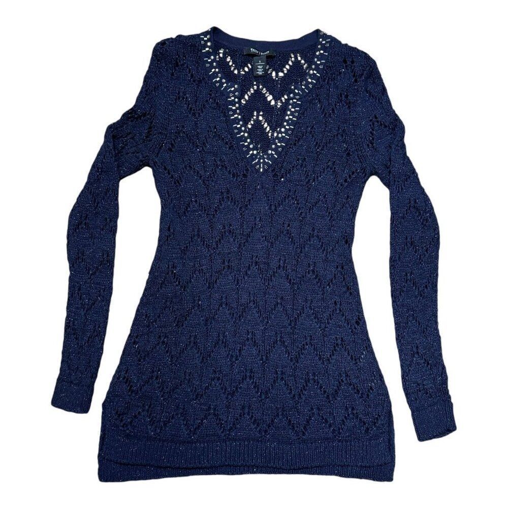 White House Black Market Navy Blue Knit Sweater Small Crochet Long Sleeve